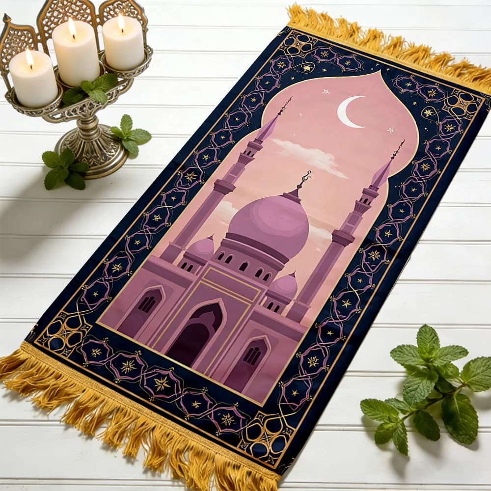 Tappetino da Preghiera Musulmano in Poliestere, Portatile e Antiscivolo, Morbido Tappeto Pieghevole per la Preghiera Islamica, per Casa e Viaggio, Ramadan