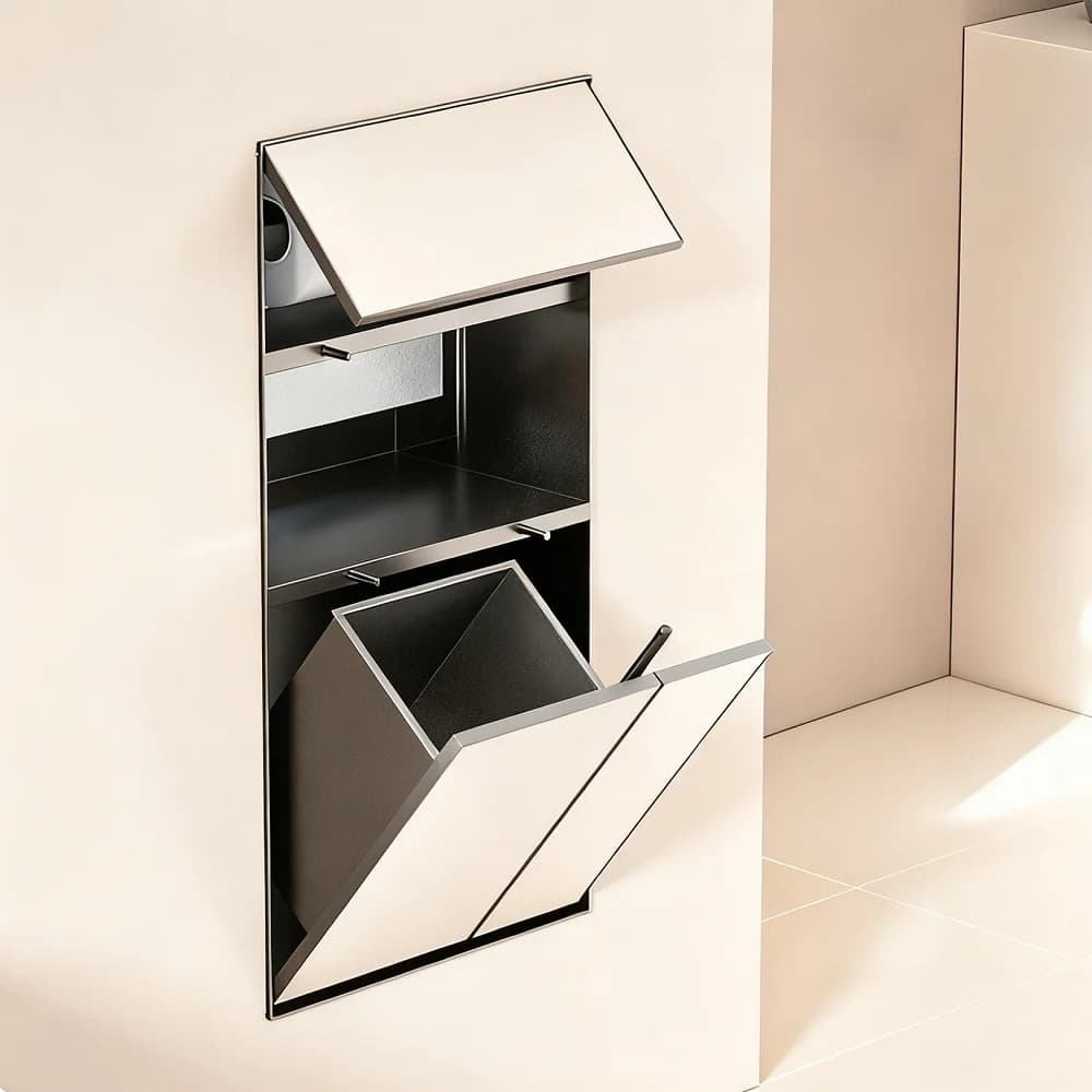 Portarotolo multifunzionale a incasso in acciaio inox, porta scopino igienico e cestino per rifiuti, da incasso a parete.