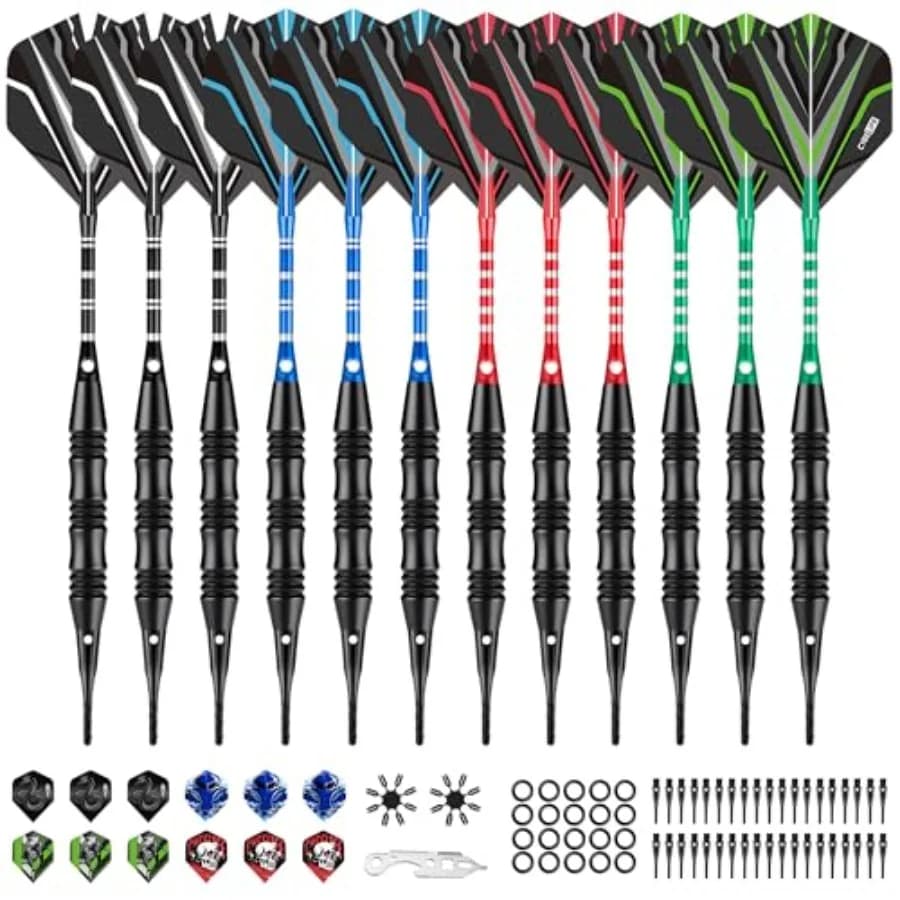 Freccette con Punta in Plastica - Set Professionale di Freccette con Punta Morbida - 12 Pezzi da 20 Grammi con 50 Punte Extra, 12 Aste, 24 Alette, 20 Anelli in Gomma