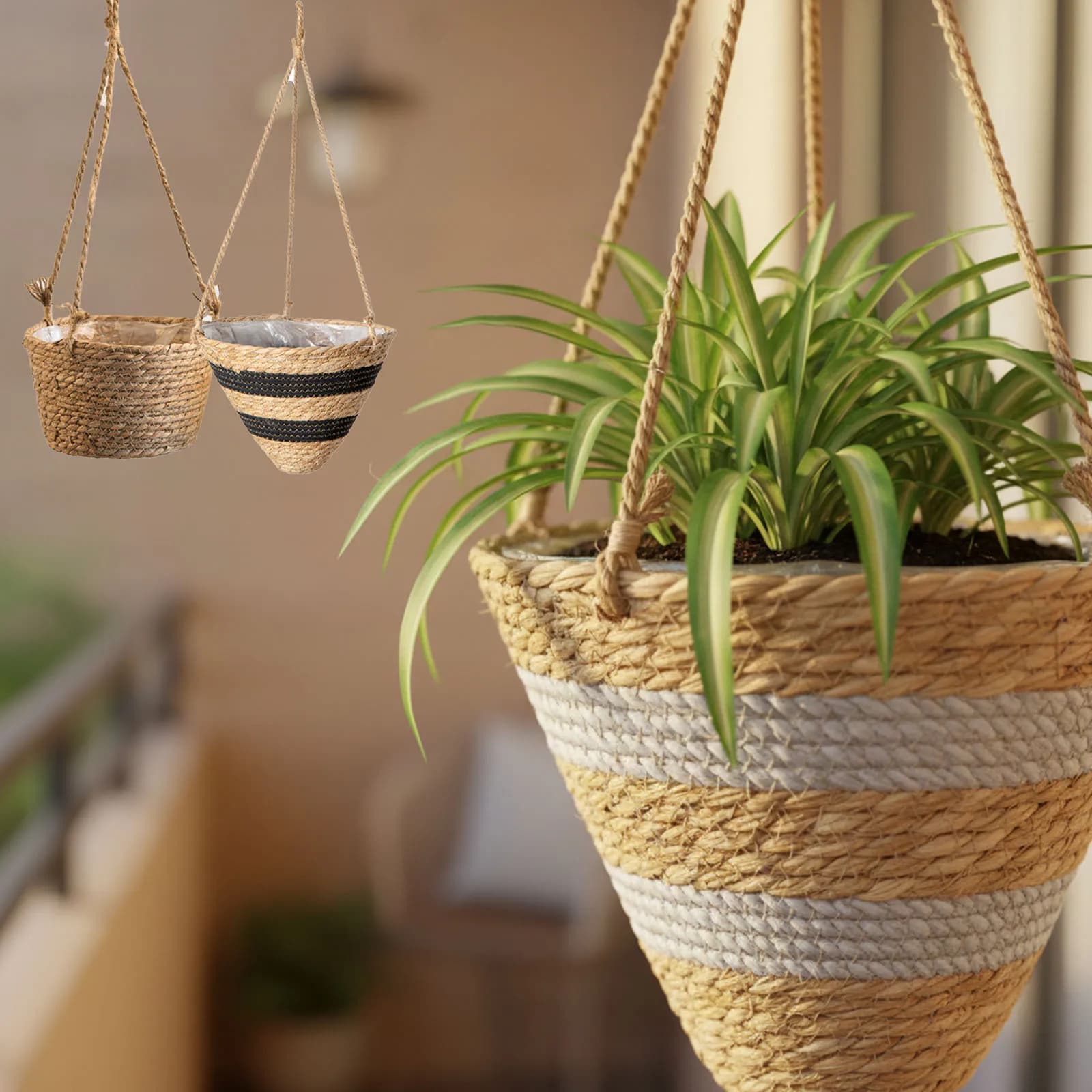 Straw hanging baskets, hemp rope braided flower baskets, braided rattan baskets, hanging flower basket, hanging orchid pot plants