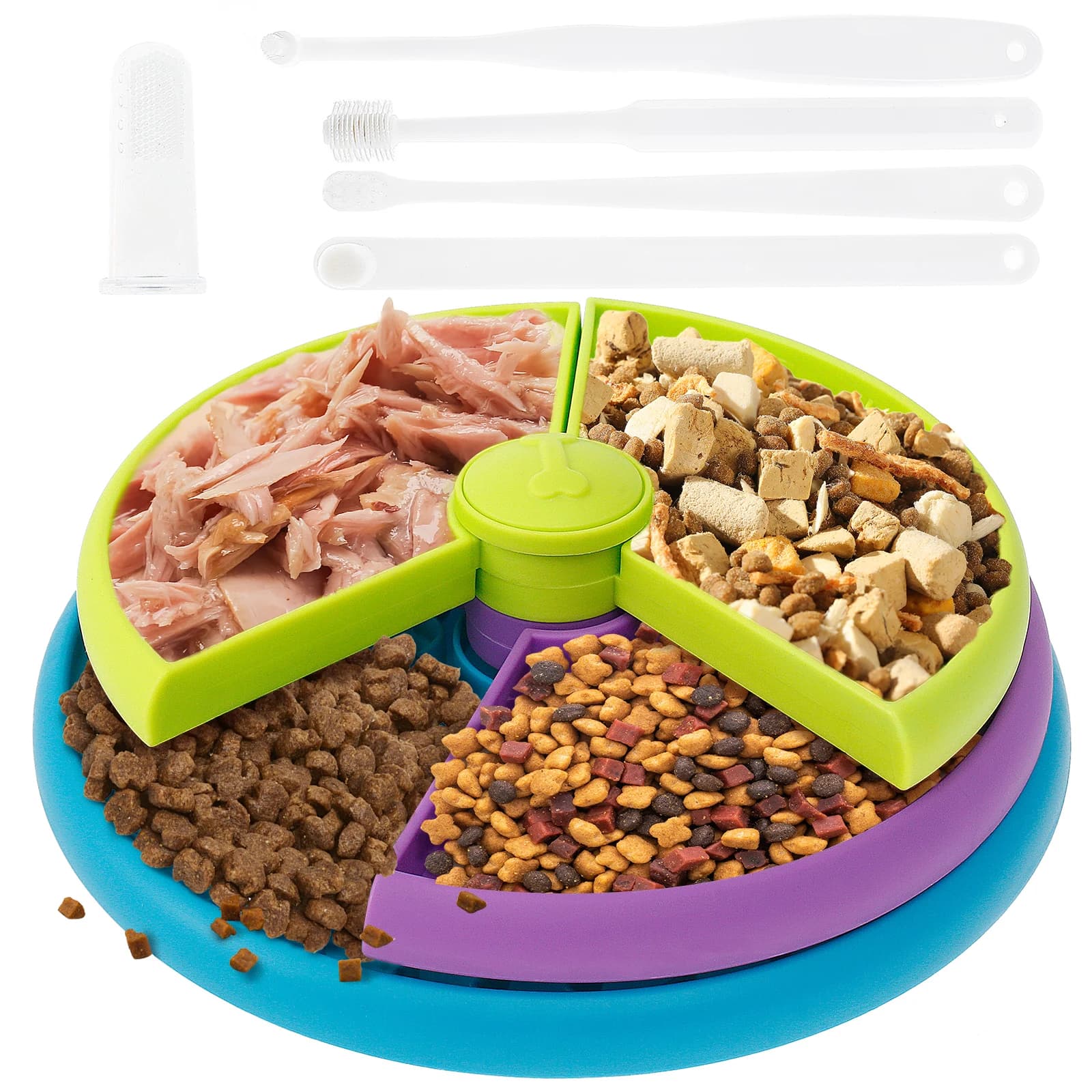 Puzzle per cani Alimentatore lento Ciotola per cibo lento per animali domestici in PP con set di spazzolini Ciotola per mangiatoia lenta rotonda liscia Ciotola per mangiatoia per cani anti-ansia