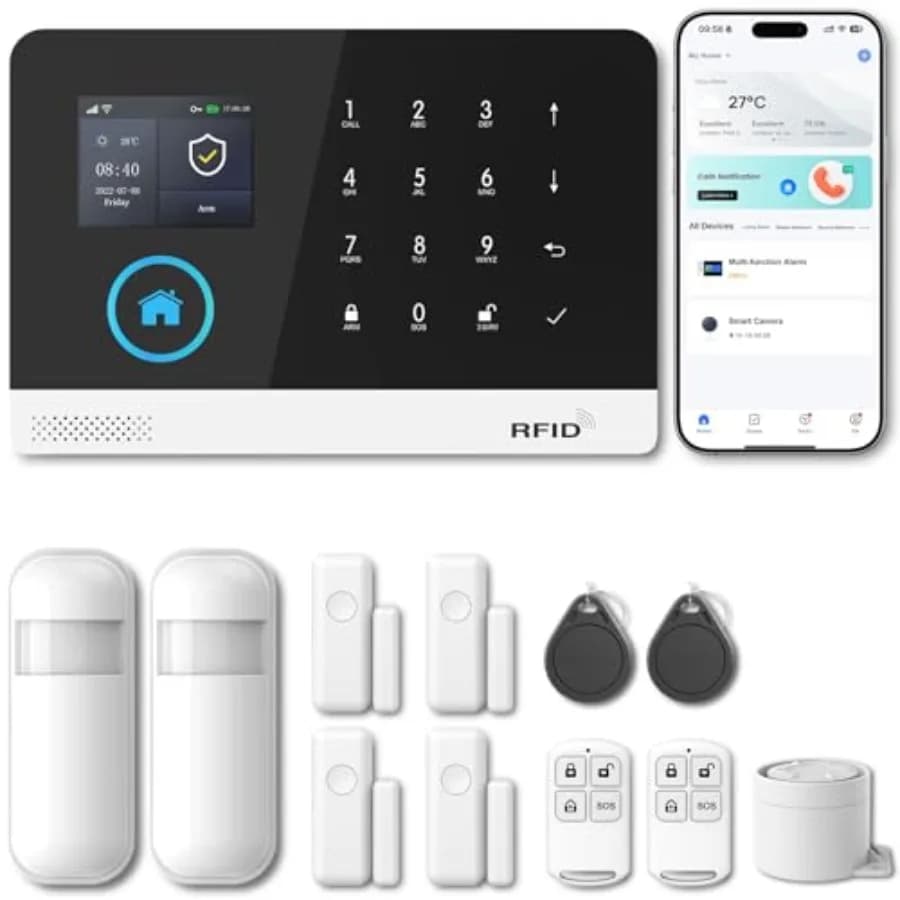 Home Security Systems for House: Wireless Alarm System with Door/Window Motion Sensors, White, App Alerts via WiFi+GSM 4G, No S