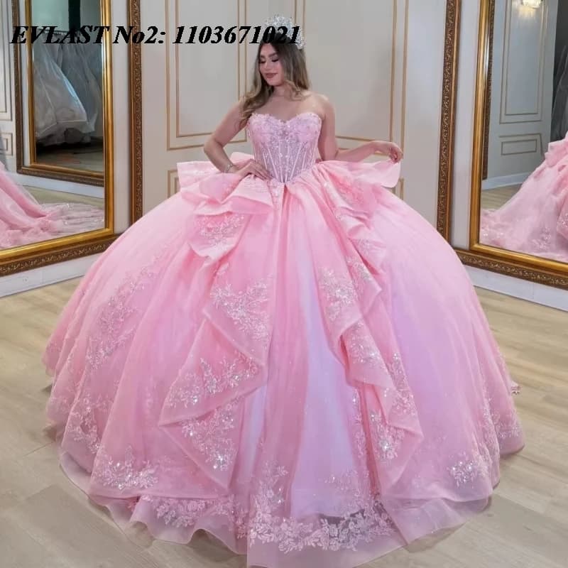 EVLAST Personalizzato Scintillante Rosa Abito Quinceanera Abito di Sfera Applique Floreale A File Che Borda Dolce 16 Abiti Da 15 Anos E2QA35