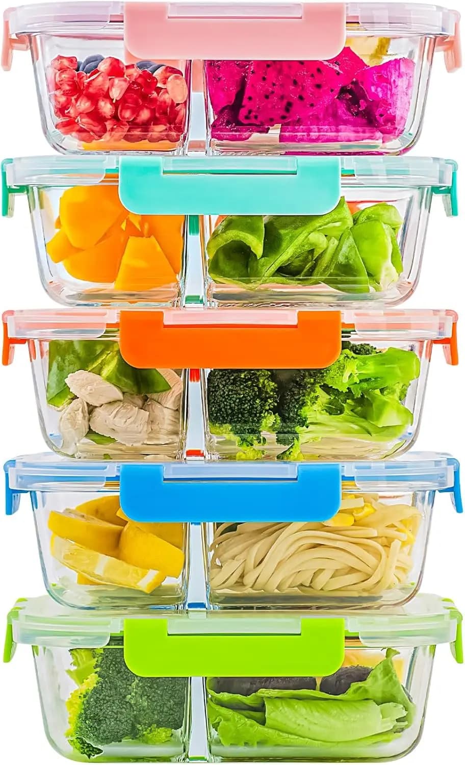 Set di 5 Contenitori in Vetro per Preparazione Pasti con Divisori, 34oz, Set di Contenitori per Alimenti a 3 Scomparti con Coperchi per Lunch Box