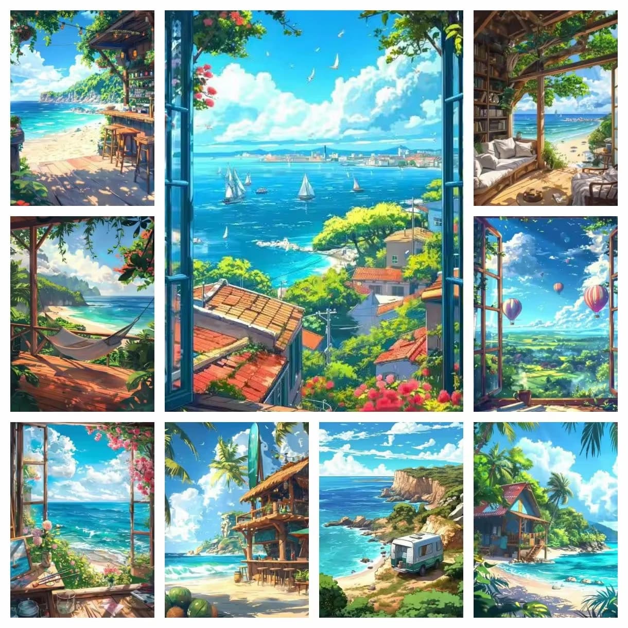 Blue Cabin Beach Forest 5D DIY Full Round Diamond Painting Various Animal Home Living Room Bedroom Aesthetic Bar Decoration