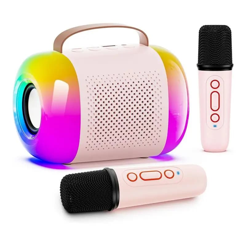 ABKN-Mini macchina per karaoke per bambini e adulti, altoparlante Bluetooth portatile con 2 microfoni wireless e luci LED colorate