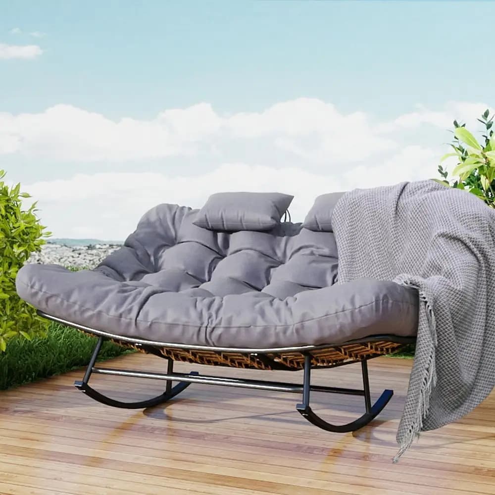 Outdoor Double Papasan Rocking Chair with Cushion, 600 lbs