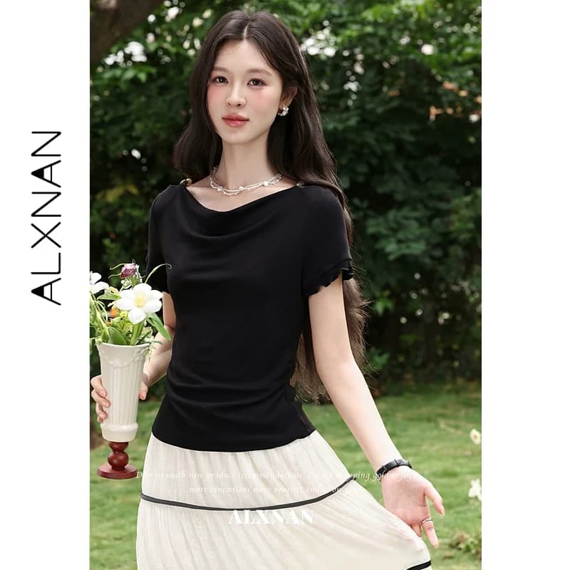 ALXNAN T-shirt Nera con Collo a Cappuccio e Volant Ondulato, Elegante Maglietta a Maniche Corte da Donna, Abbigliamento Casual Estivo 2026, Abbigliamento Base da Donna L63835