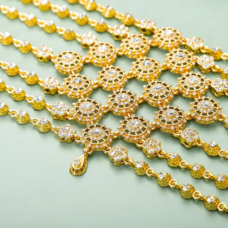 Catena per capelli in cristallo color oro e bronzo, ornamento per capelli per caftano nuziale algerino, gioielli per capelli da sposa araba con strass, placcatura in metallo