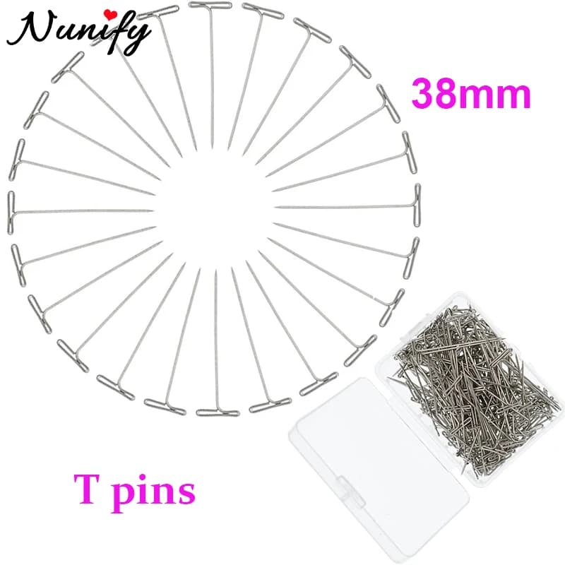 Perni a T da 50/100 pezzi con scatola di plastica Perni in argento per testa in schiuma Perni a T in acciaio inossidabile per bloccare il lavoro a maglia 38mm/1.5 pollici Parrucca T Pin