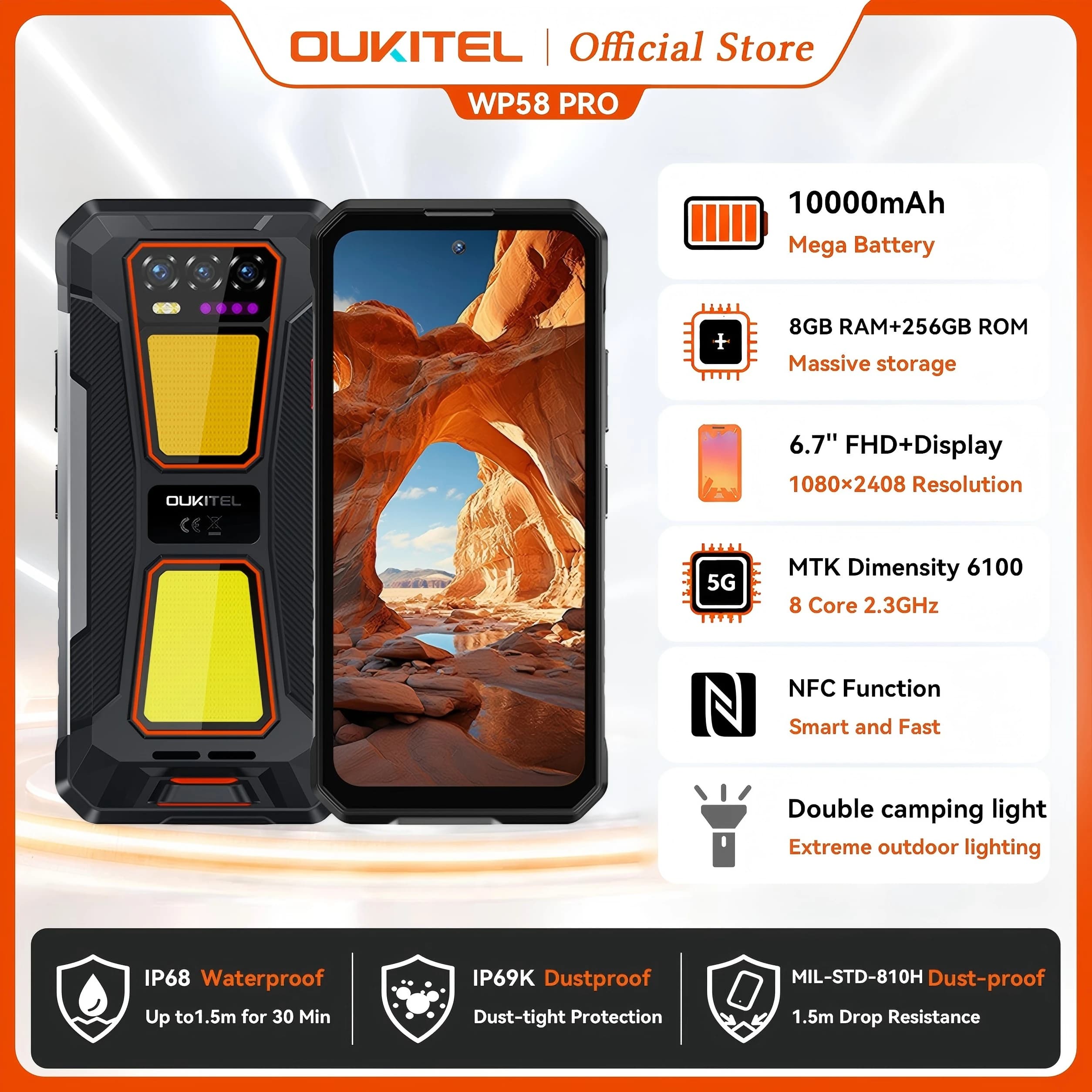 OUKITEL WP58 PRO Telefono robusto 5G 24 GB (8 + 16) RAM + 512 ROM, 6,7'' HD 10000 mAh 33 W Android 15 NFC Cellulare con doppia lampada da campeggio