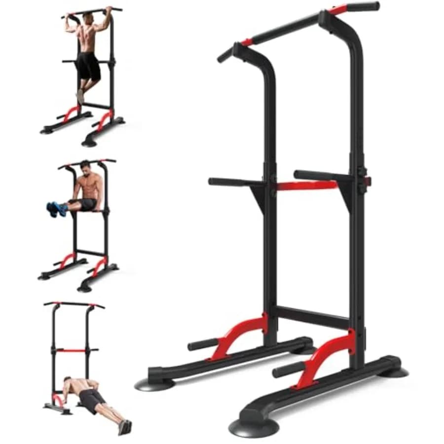 Home gym pull-up bar dip station with steel frame, black finish, height adjustable and freestanding design for men, women, teen