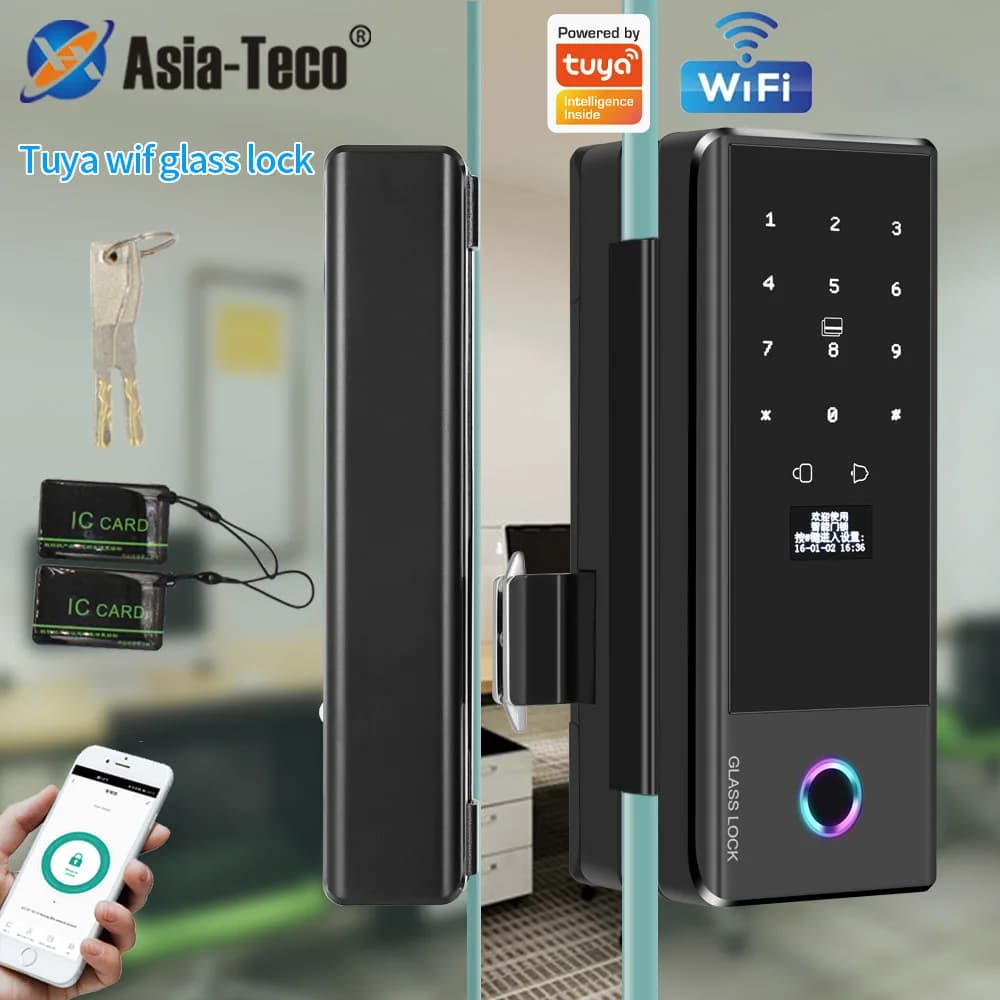 Tuya Smart Wifi Blocco impronte digitali Porta con cornice in legno Porta in vetro senza telaio Serratura elettronica 13,56M WIFI Telecomando Sblocco Allarme