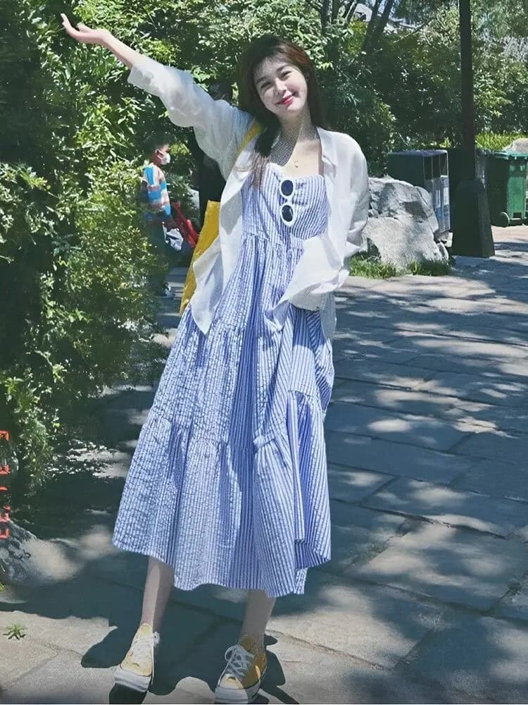 Summer Women's Beach Long Dress Set Sun Protection Mid-Length A-Line Two-Piece Suit Korean Style Loose Waist Comfortable Brea...
