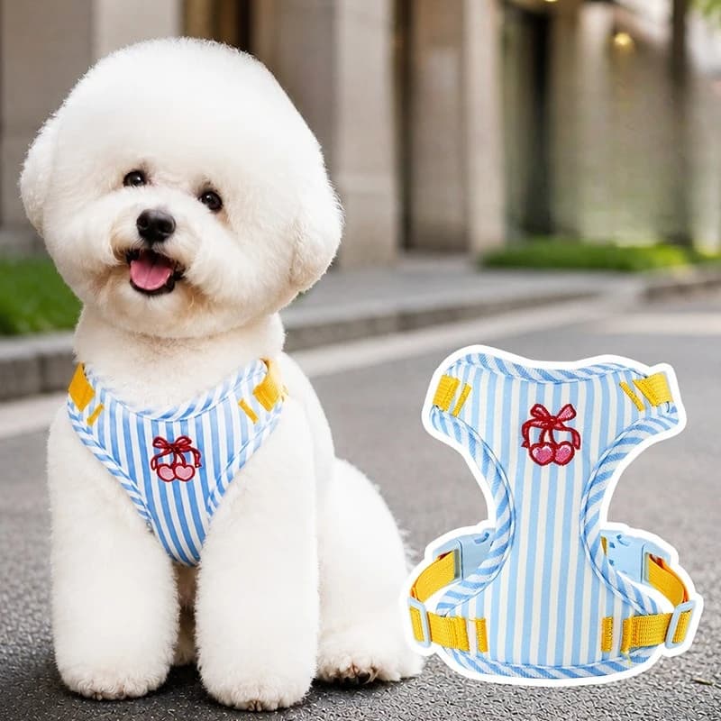 Striped Dog Vest Harness Cherry Print Cute Escape Proof Puppy Adjustable Soft Outdoor Walking Small Dog Daily Use Pet Harness
