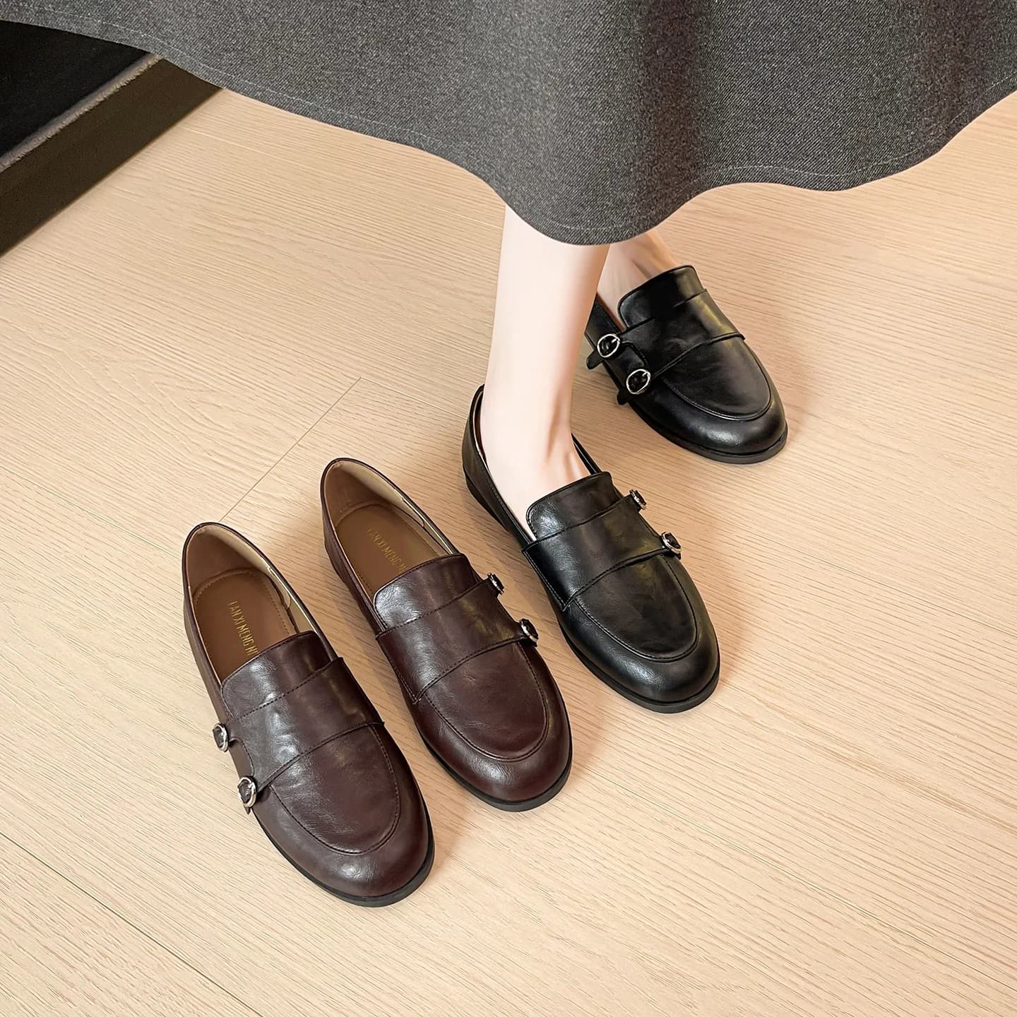 Scarpe da donna Casual Mocassini in pelle Appartamenti Fibbia Oxford Vintage Punta tonda poco profonda Slip on Presentazioni aziende produttrici giochi Comode Zapatos De Mujer
