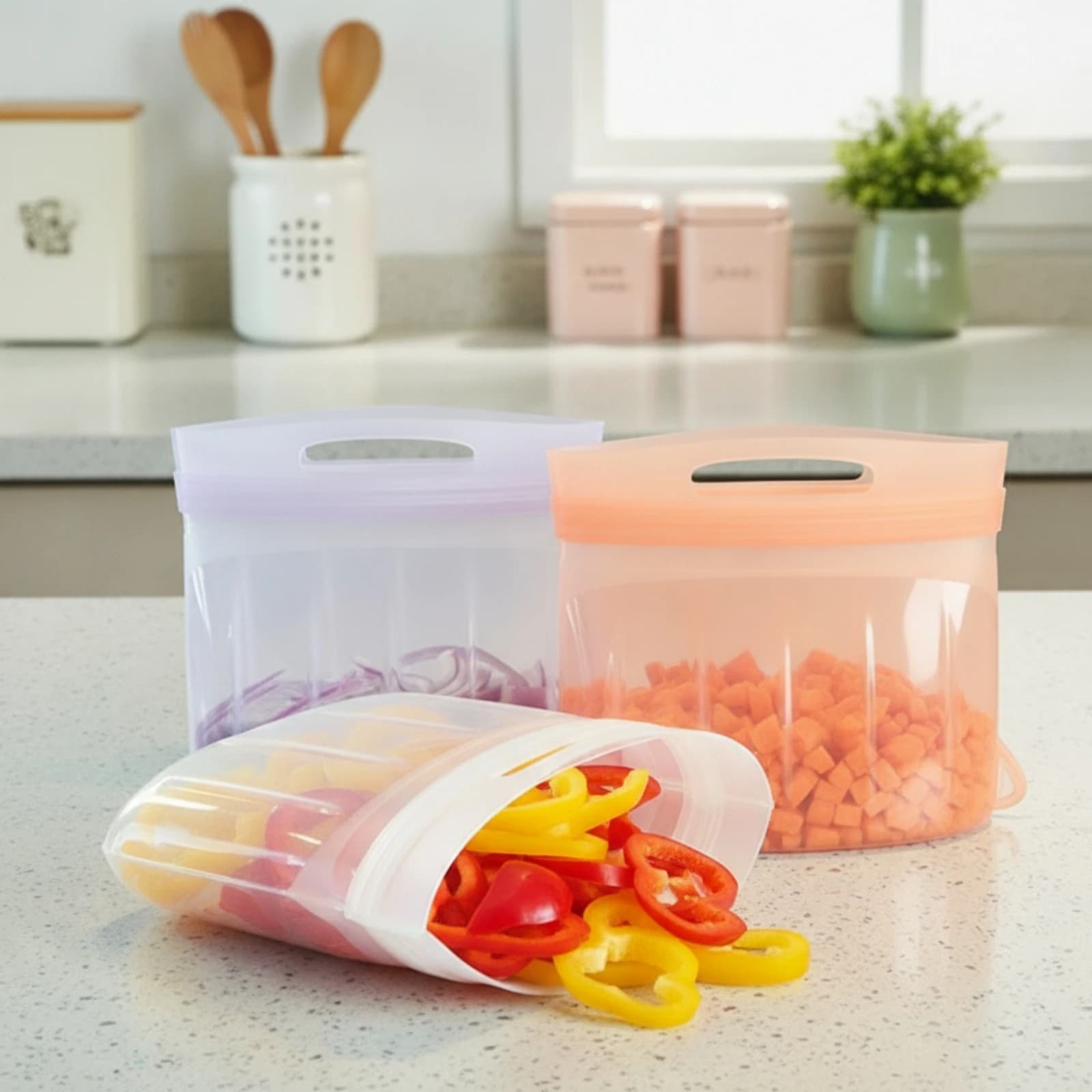 Silicone Food Storage Pouch with Handle Flexible Stand-up Pouch with Handle Container Leakproof for Meal Preppers, Refrigerator
