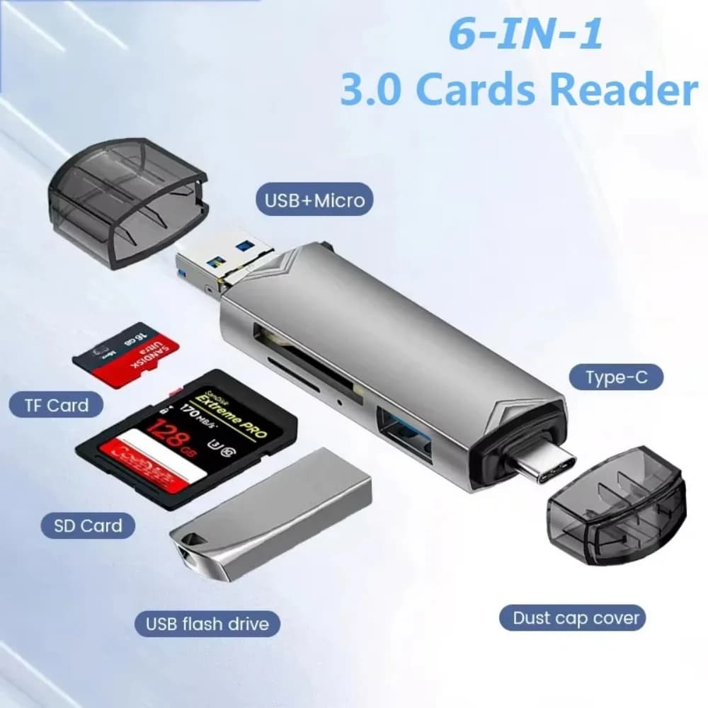 Lettore di schede SD/TF 6 in 1 Scheda di memoria per fotocamera Scheda USB 3.0 Lettore di dischi U OTG multifunzionale per PC Laptop Lettore di schede per telefono mobile