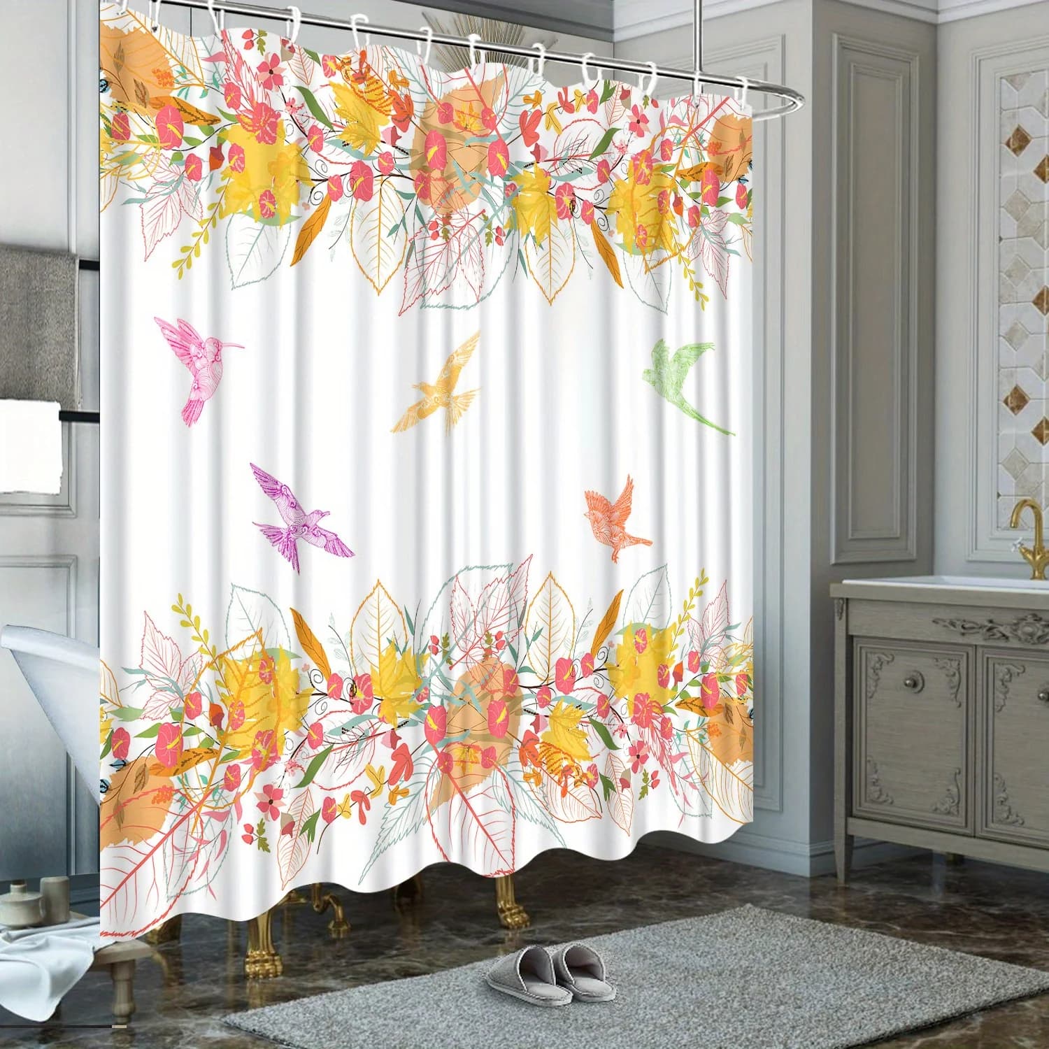 1 tenda da doccia simmetrica con bordo floreale - Uccelli acquerello, sfondo bianco, 70x70", 12 ganci