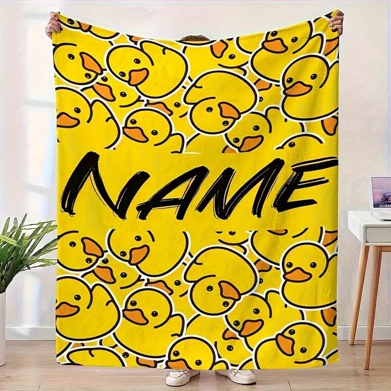 1pc text customization for multiple small yellow duck printed flannel blankets, personalized soft and warm digital printed