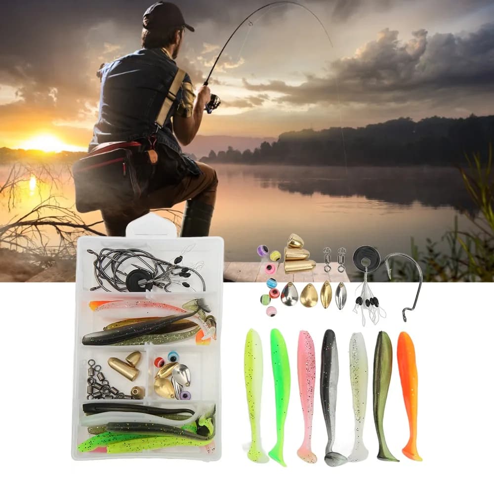 66PCS with T Tail Lures Fishing Tackle Kit with Fishing Hooks with Beads Fishing Tackle Set Fishing Accessories Set