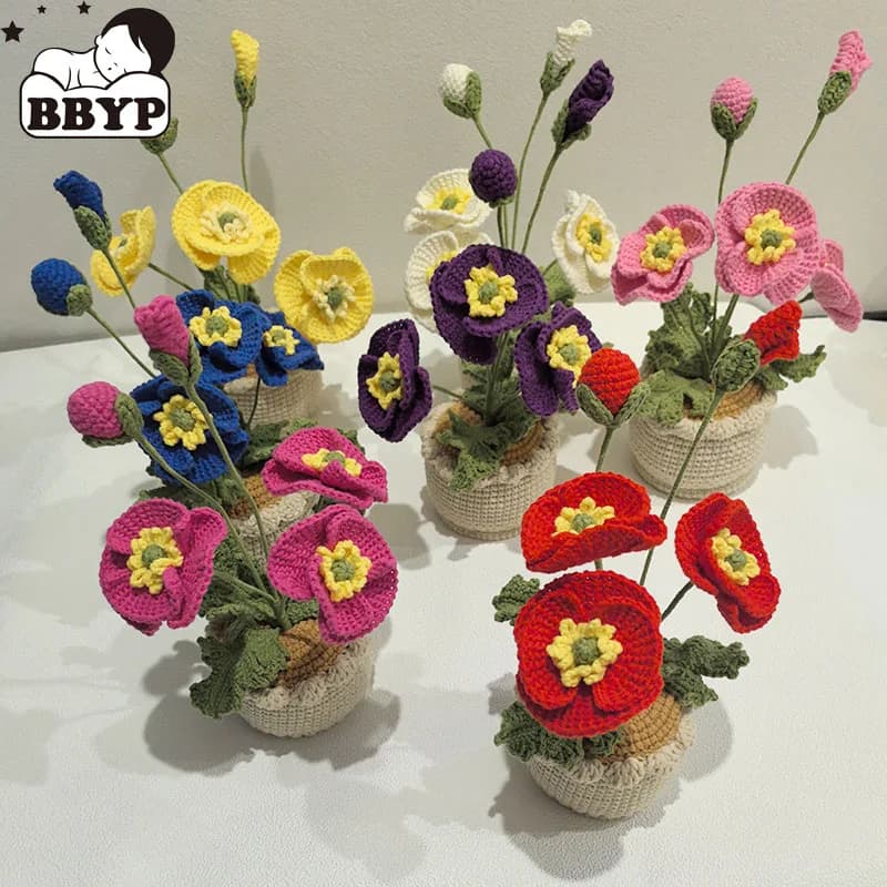 Crochet Flower Plant Vase Creative Poppy Bonsai Knitting Yarn Handmade Wool Product Finished Photo Punches Home Deco