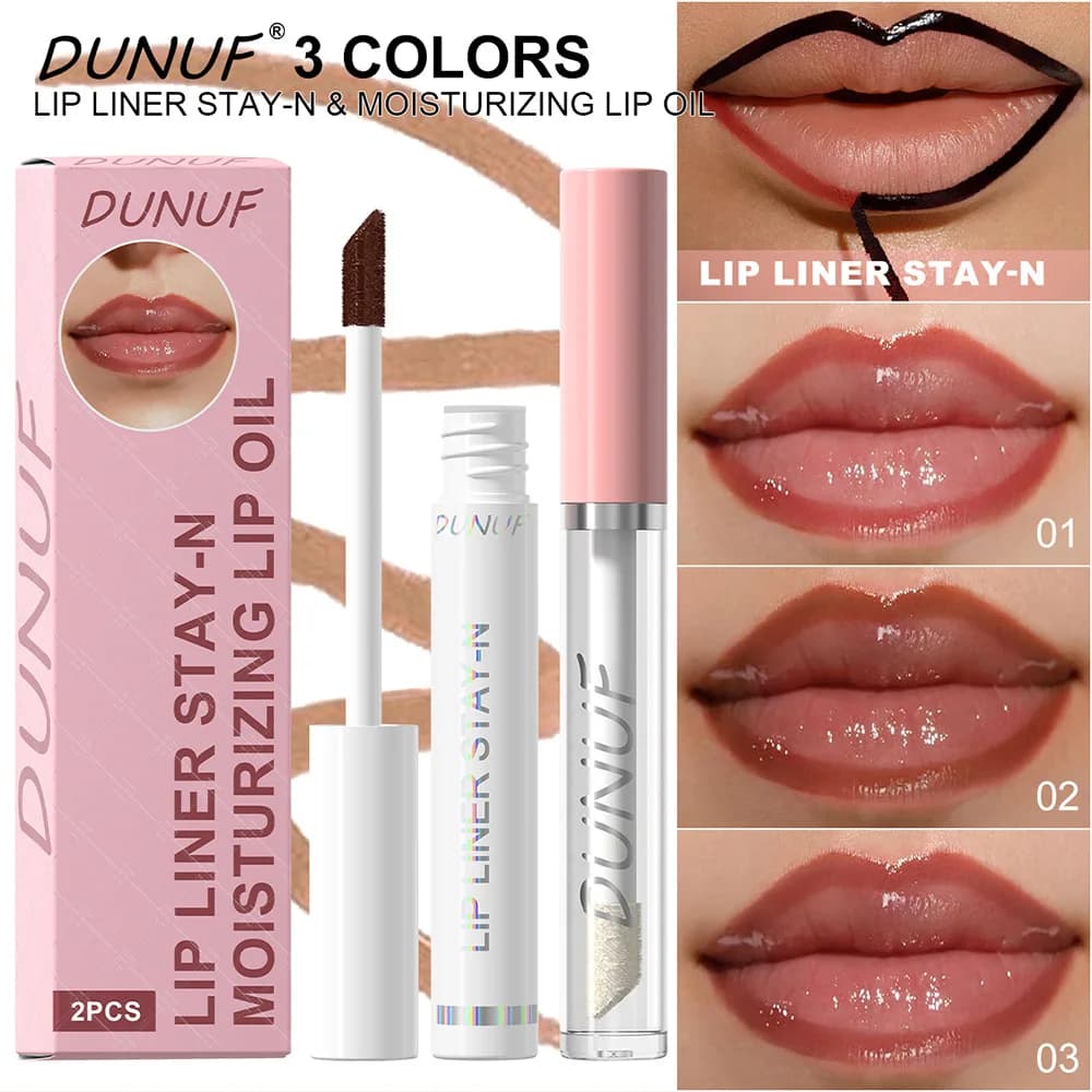 DUNUF Set of 3 oils for lips and pencils for lips, set of 2 pieces, long lasting waterproof lipstick, long lasting moisturizing make-up with box