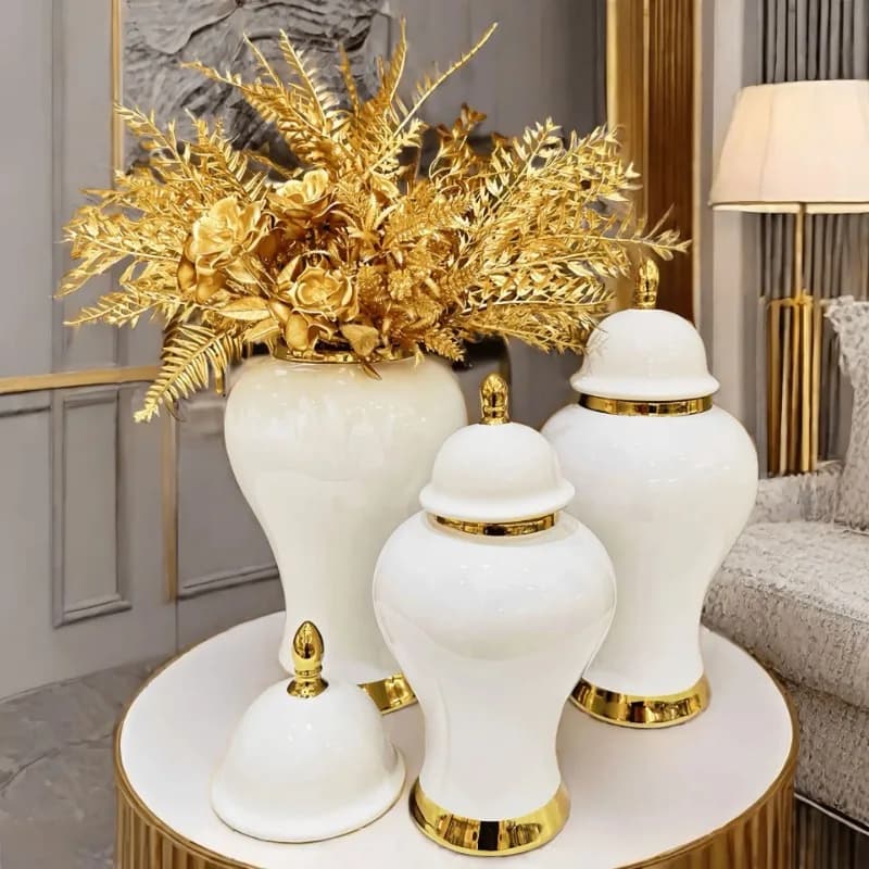 Creative vase ceramic general jar light luxury electroplated vase white gold border storage and storage jar home decoration