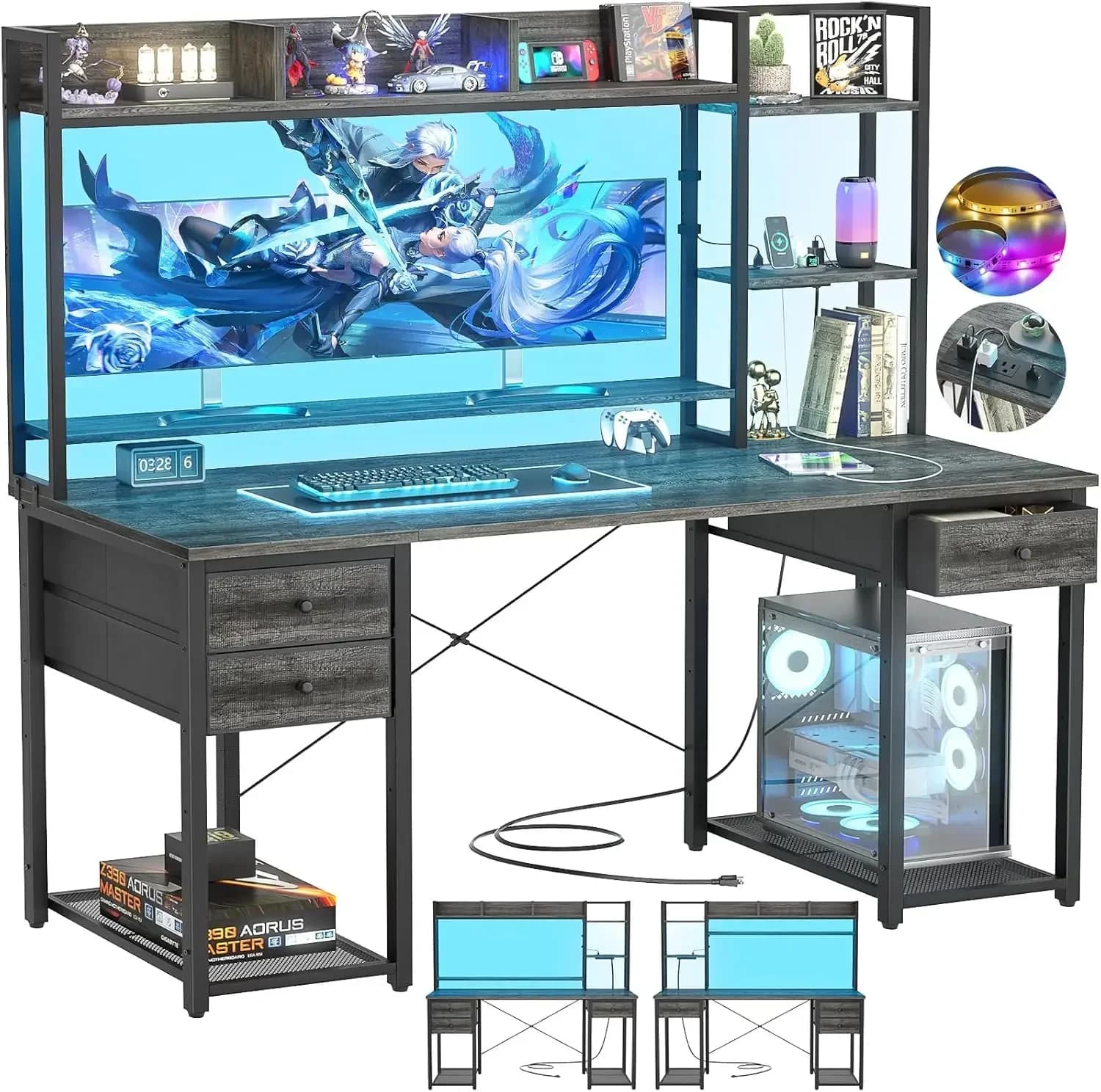 Scrivania con LED e Prese Elettriche, Scrivania da Gaming con Mobiletto, Scrivania per Computer da 55,2'' con Cassetti, Scrivania da Ufficio Reversibile con Spazio per Libri