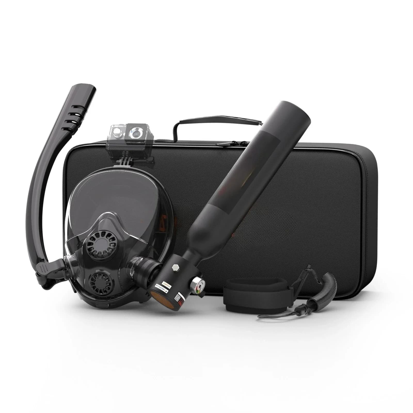 Portable underwater breather with 0.5 litre mini gas cylinder, complete snorkeling mask, swim glasses, complete set
