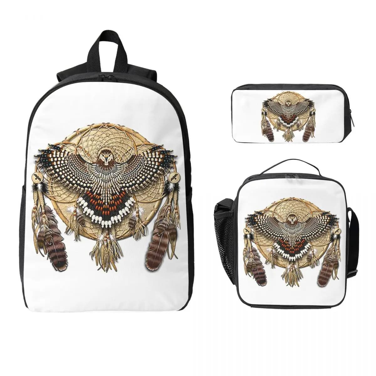 Red-Tail Hawk Dreamcatcher Mandala Backpack BookBag School Bag Computer Shoulder Bags 3ps Insulated Lunch Bag Pencil Case