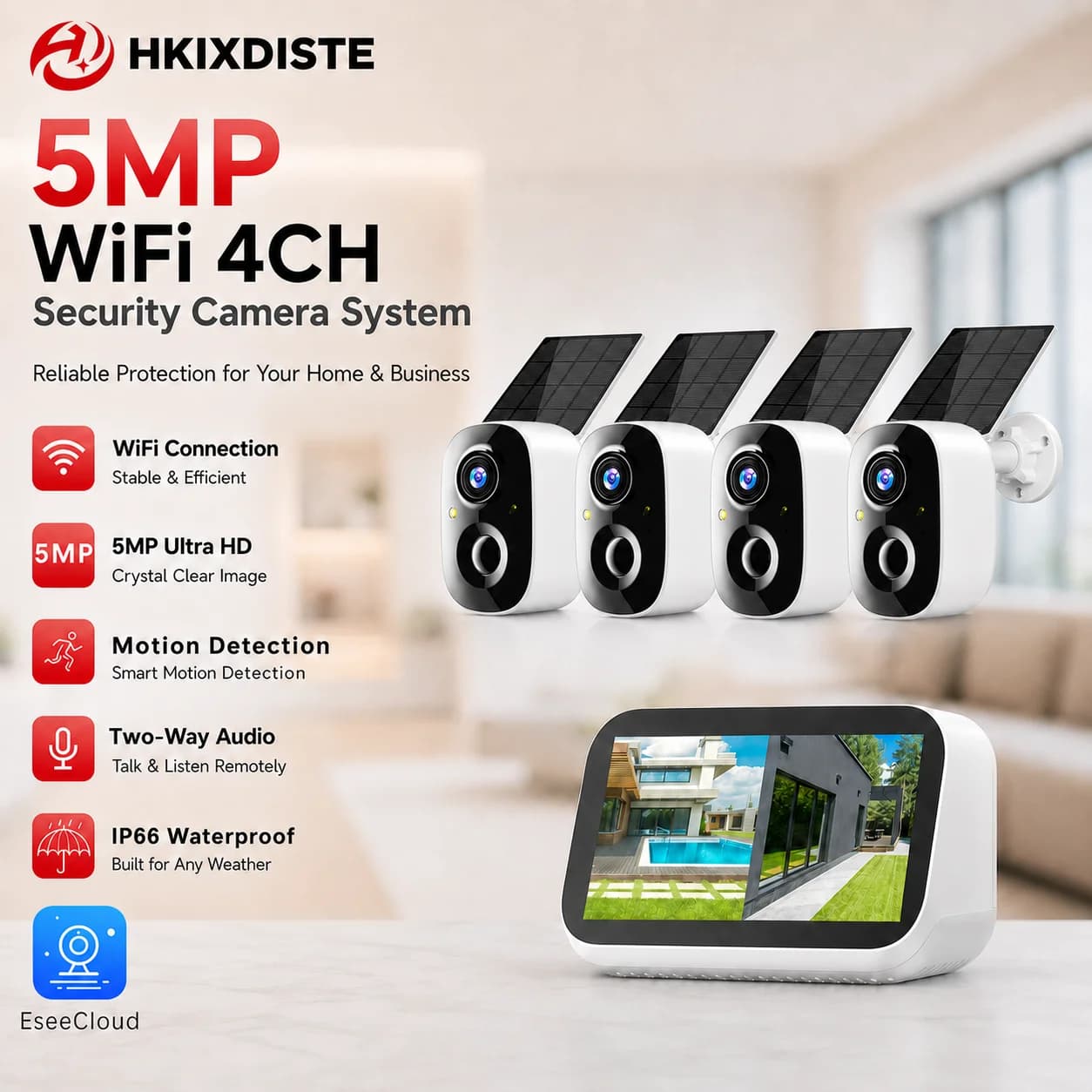5MP Solar WiFi Camera System Wireless CCTV Security Kit 4CH NVR with Outdoor Cameras Motion Detection Two Way Audio Remote View