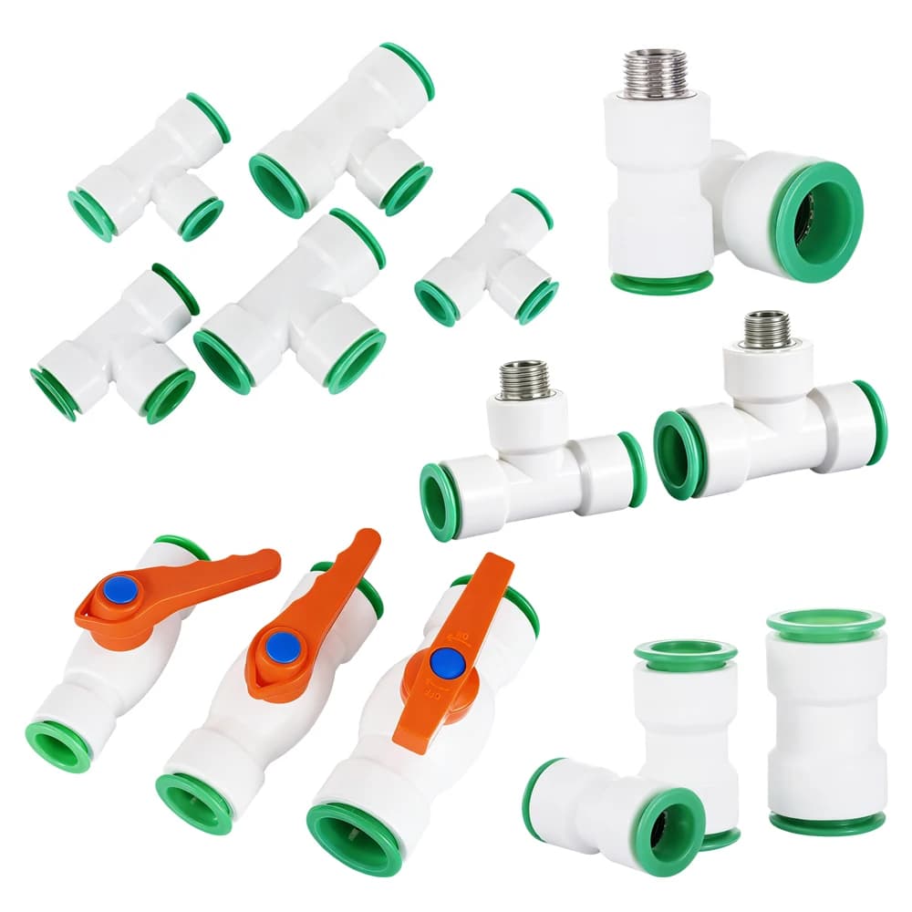 Connettore Rapido per Tubi Idrici Antiperdita 20/25/32mm, Raccordo Dritto, a Gomito, a T, Valvola per Irrigazione Giardino, Giunto per Tubi PPR/PVC/PB/PERT/PE, 3 Pezzi