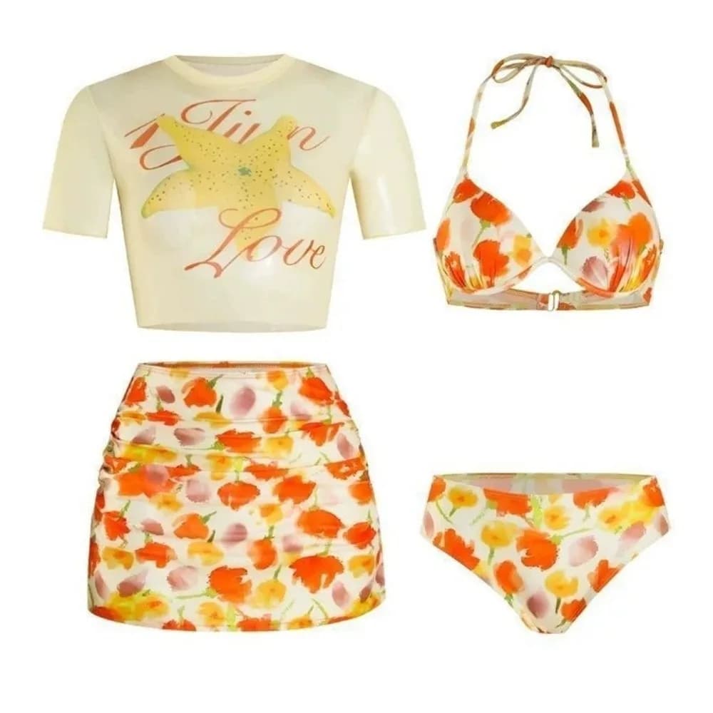 Set Bikini a Vita Alta Elegante da 4 Pezzi per Donne, Costume da Bagno Trasparente Modellante, Gonna da Nuoto Sexy e Graziosa per Vacanze al Mare