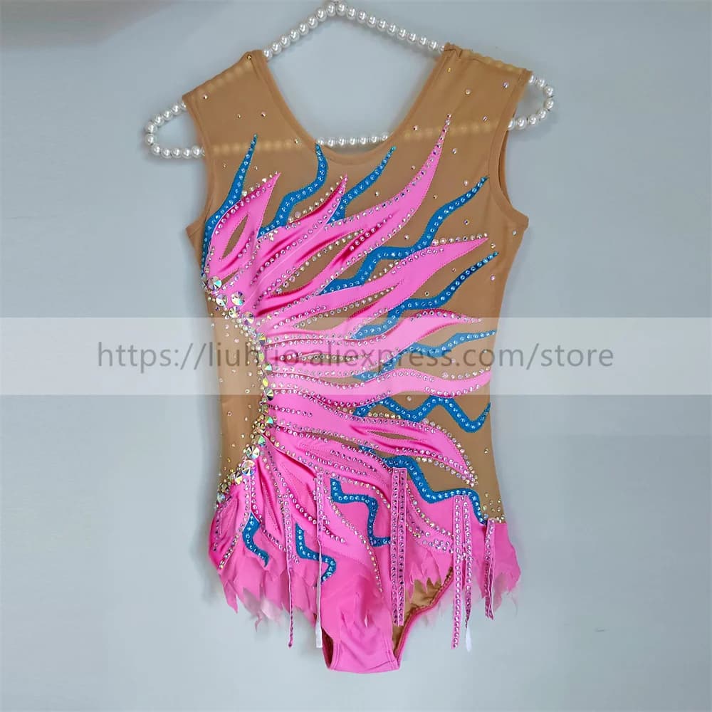 LIUHUO Personalizza Costume da Donna Ragazza Prestazioni Ginnastica Ritmica Balletto Senza Maniche Concorso Body Pattinaggio su Ghiaccio Vestito Rosa