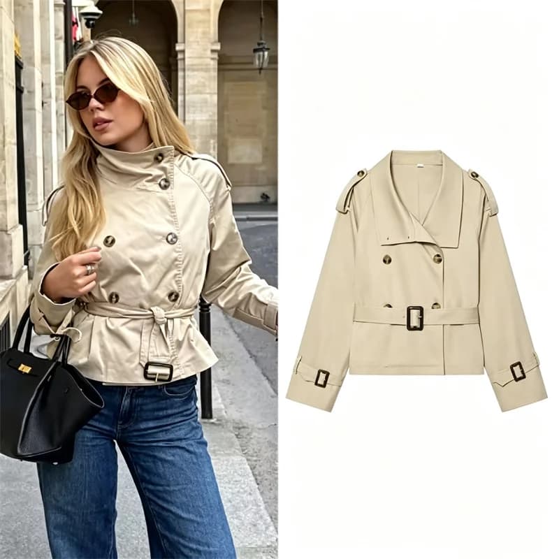 2026 New Women's Short Trench Jacket Spring Autumn Belted Slim Windbreaker Outerwear