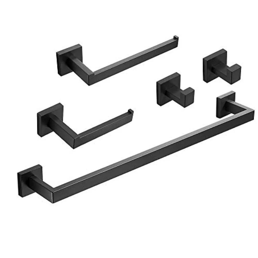 Set di Accessori per Bagno: Portasciugamani, Ganci per Asciugamani, Porta Carta Igienica e Porta Asciugamani in Acciaio Inox Nero Opaco per Bagno Moderno