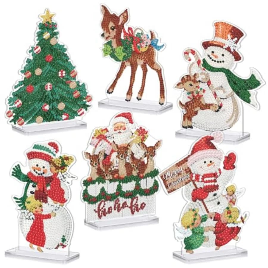 6 Pcs Diamond Painting Desktop Ornament Art Sign Set Diamond Painting Kits Tree Snowman Tabletop Rhinestone Signs DIY Kits Gift