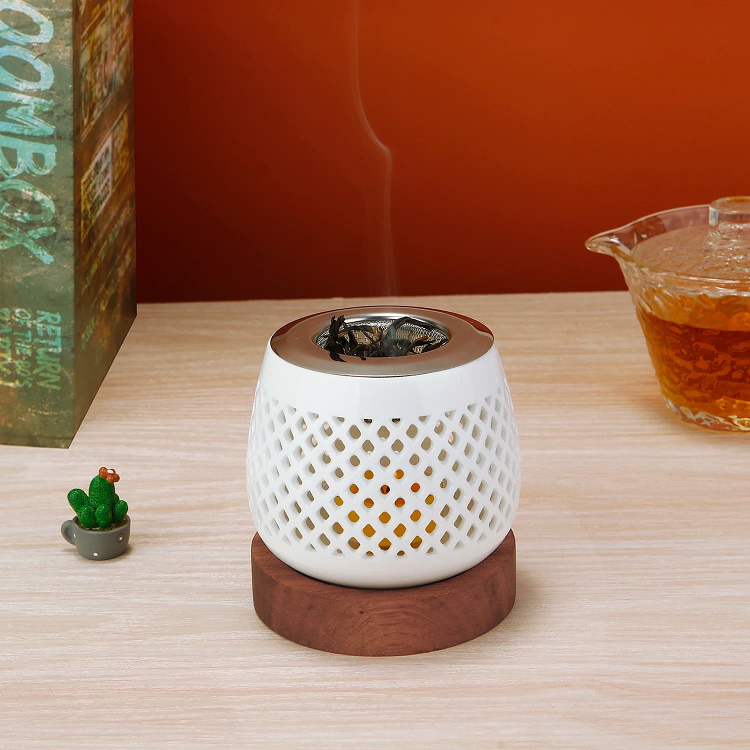 Ceramic Candle Holder Aromatherapy Heating Holder for Herbs Aromatherapy Incense Burner with Wooden Base for Yoga SPA