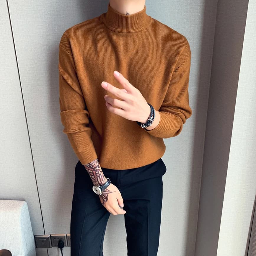 Maglione Slim Fit a Maniche Lunghe con Collo Medio, in Lana Lavorata a Maglia, Trendy, Artistico, Casual, Tinta Unita, Moda Autunnale