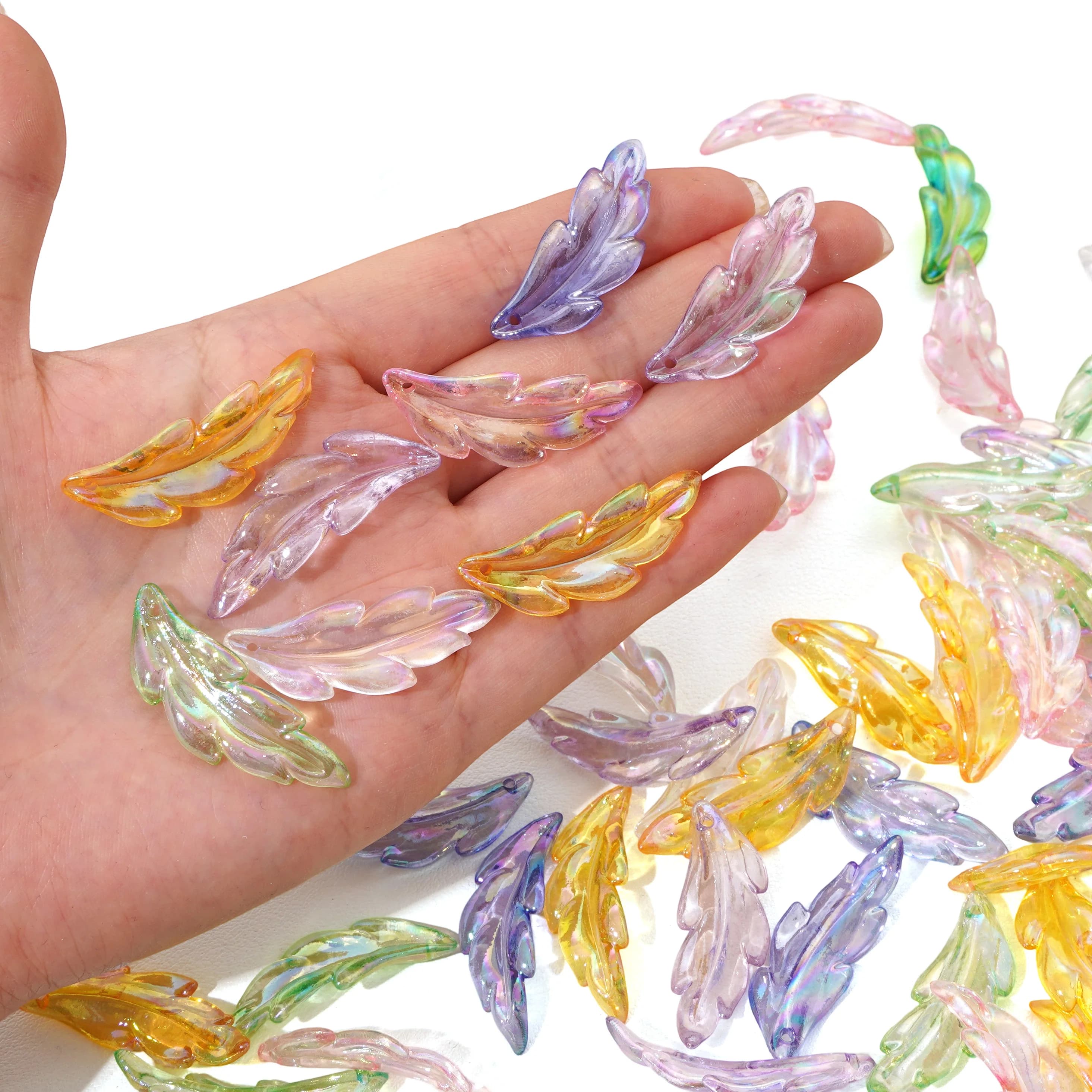 14x39mm 10pcs/lot Acrylic Beads AB Color Plated Feather Shape Loose Beads For Handmade DIY Making Necklace Bracelet Materials