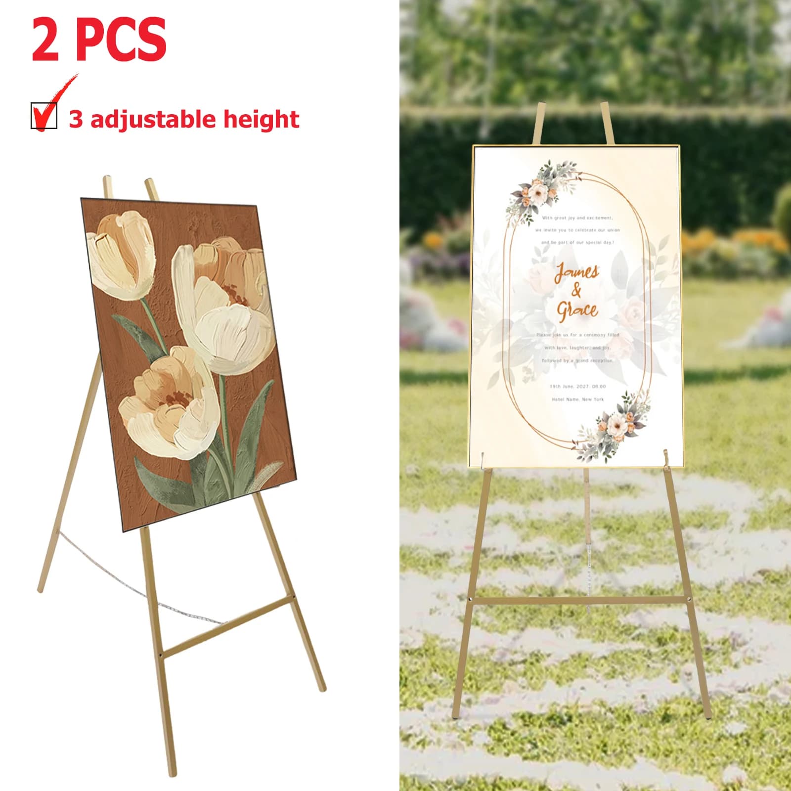 2pcs Gold Wedding Easel Stand Metal Adjustable Height Tripod Poster Board Display Collapse Artist Decorations