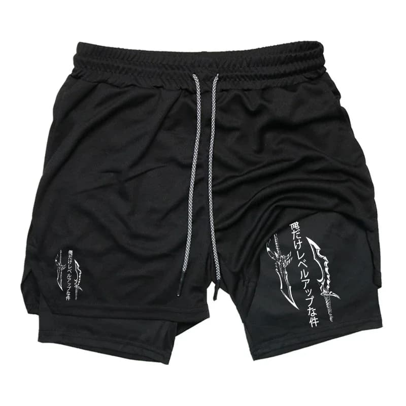 Pantaloncini da Corsa e Allenamento 2-in-1 Solo Leveling 2026 da Uomo, Pantaloncini a Compressione per Palestra con Passante Porta Telefono, Abbigliamento Sportivo Attivo