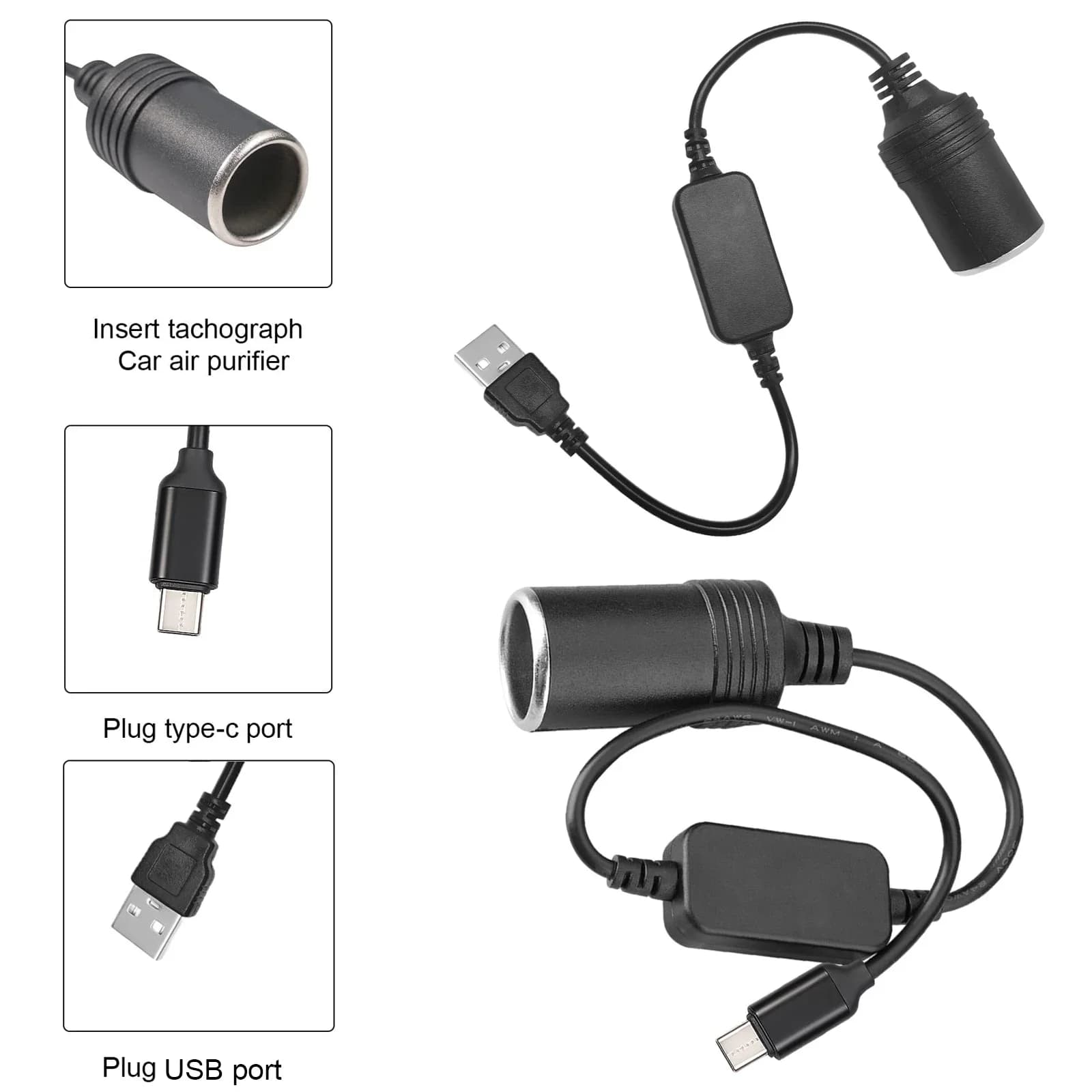 5V To 12V Cigarette Lighter Socket Type C USB Male to Female Cigarette Lighter Adapter Converter Car Electronics Accessories