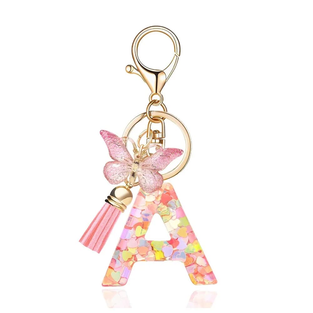 Fashion Alphabet Initial Letter Keychain Tassel Butterfly Pendant Key Ring for Purse Handbags Women Girl