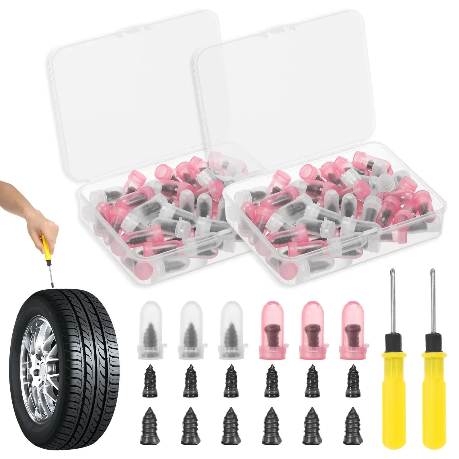 Kit di chiodi in gomma per riparazione pneumatici da 120 pezzi Vite per pneumatici sottovuoto nel kit di riparazione con 2 cacciaviti per auto, moto, veicoli elettrici