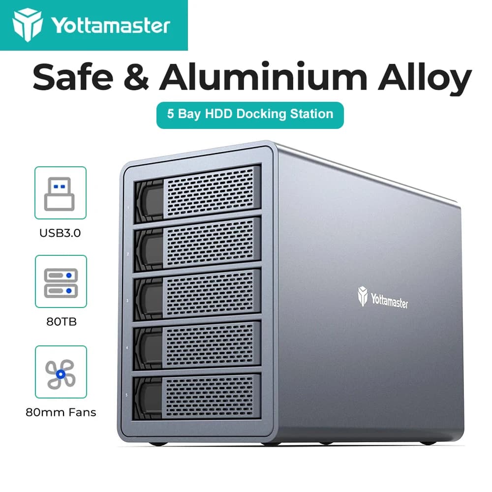 Custodia per disco rigido Yottamaster a 5 alloggiamenti USB3.1 (GEN2) Custodia per HDD esterna di tipo C Supporto per archiviazione dati SATA SSD da 2,5"/3,5" da 80 TB