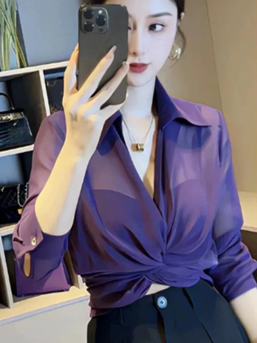 Elegant American Style Unique Design Cross Strap Long Sleeve Chiffon Shirt Women's Beautiful Buttonless Tie Waist Blouse