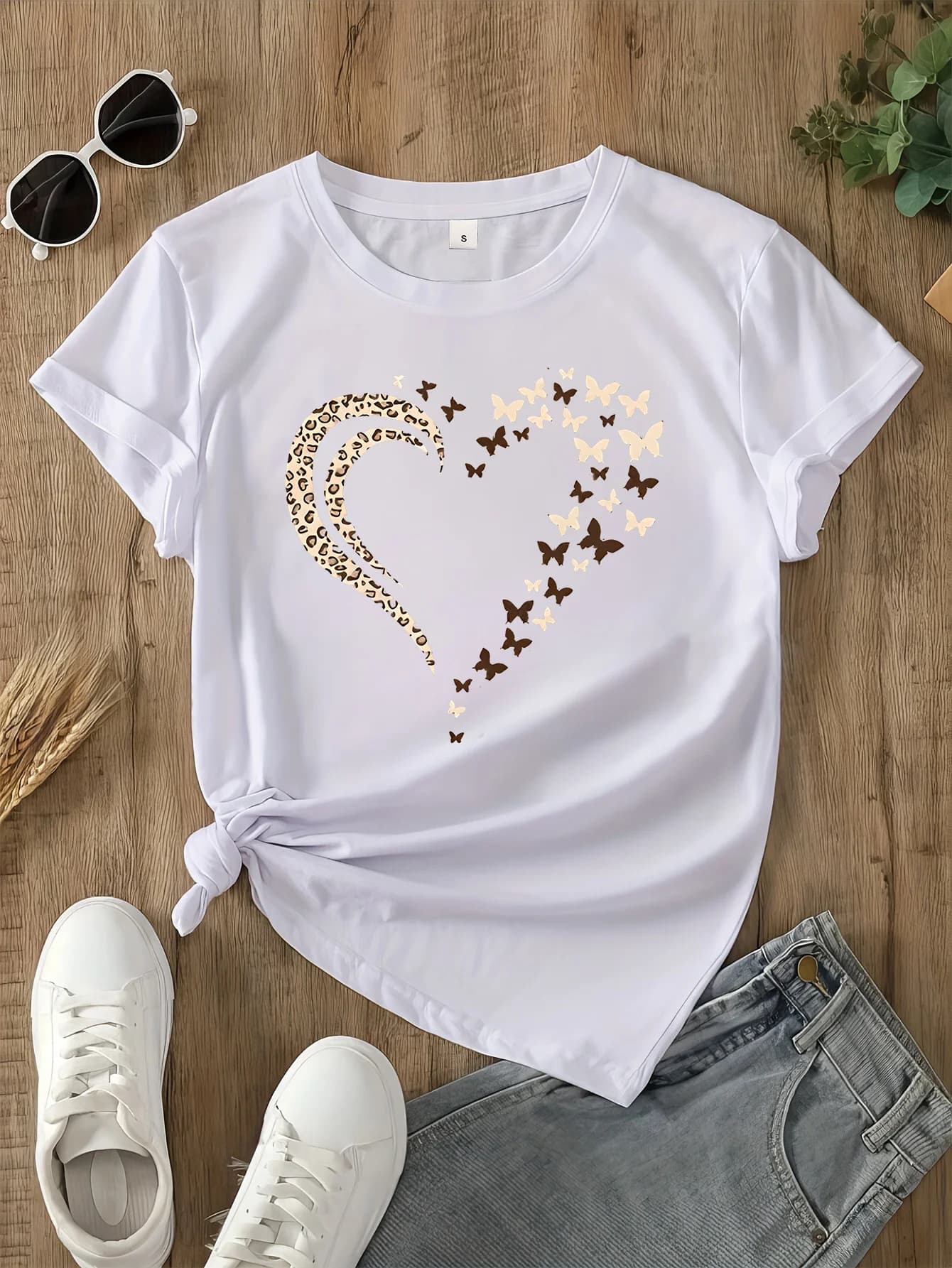 Tessuto a maglia regolare con maniche - Collezione primavera estate autunno T-shirt casual da donna in poliestere con girocollo con motivo a cuore
