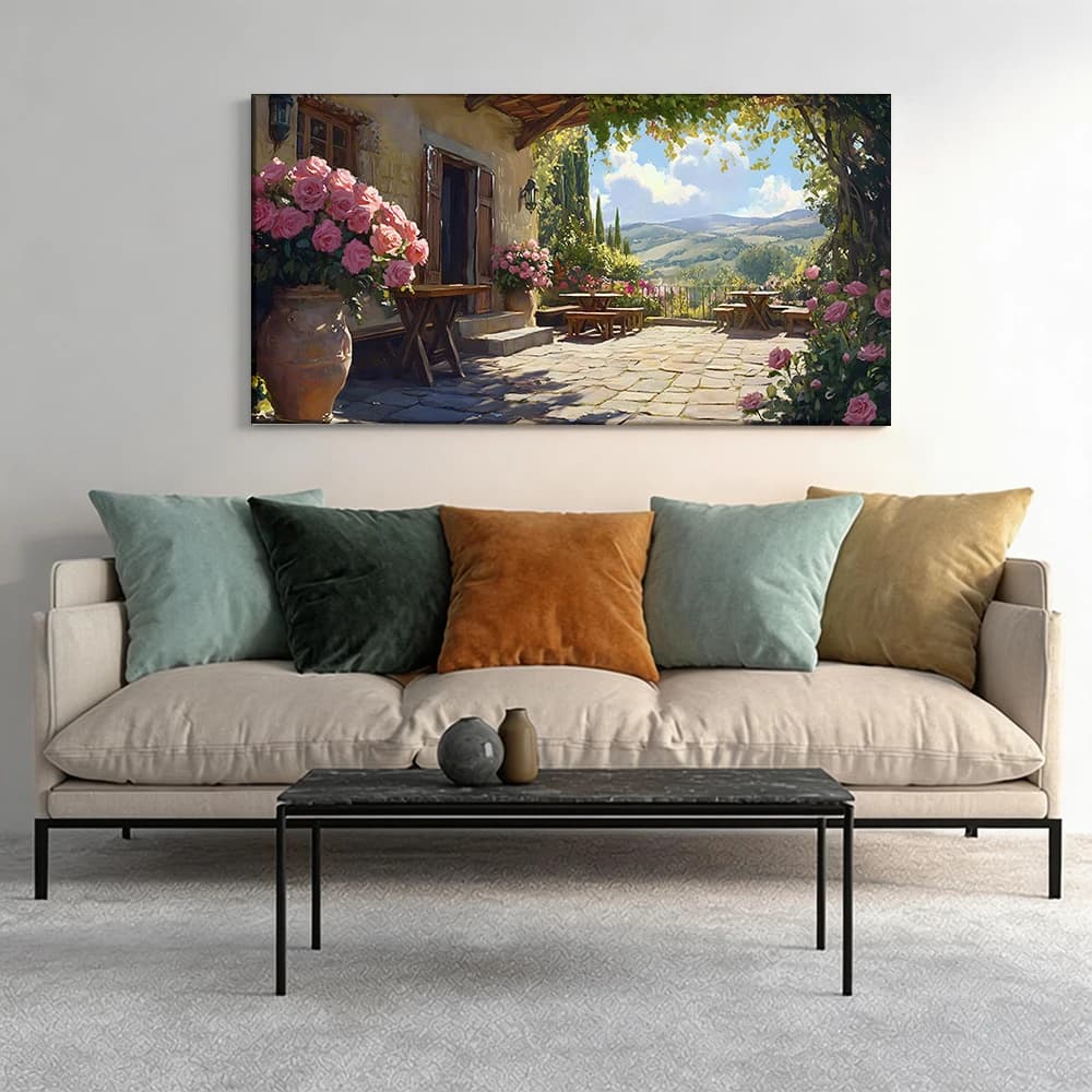 Painted on canvas with large solid wood frame, 1 piece, for outdoor patio, with abundant roses.
